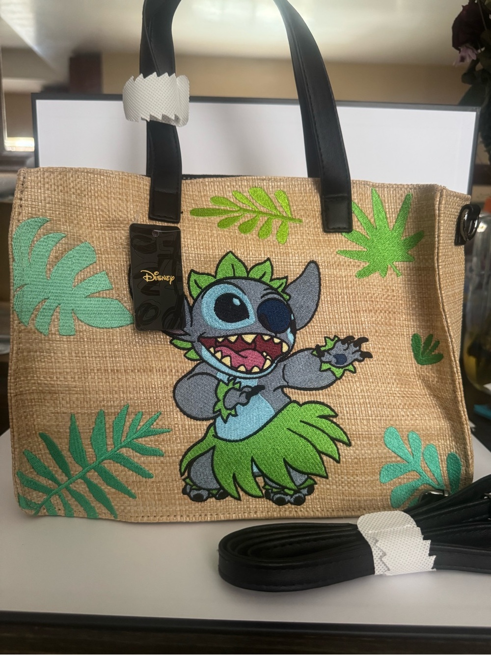 BuckleDown Disney Straw Tote with Stitch Hula Design in Green and Black